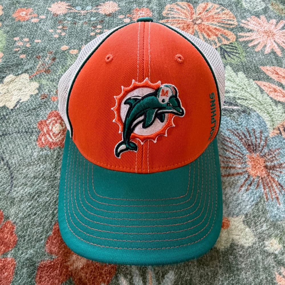 Reebok Miami Dolphins NFL Authentic Sideline Mesh Trucker Hat Orange Teal OSFA